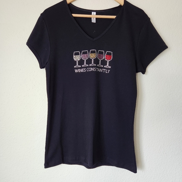Chris's Stuff Tops - Women's Black Short Sleeve T-Shirt Rhinestone Bling Wine Glasses size XL